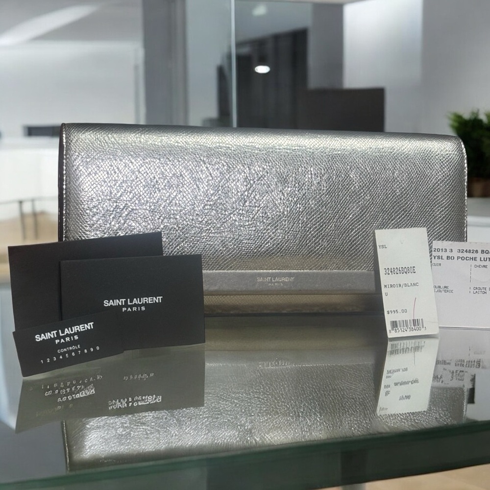 YSL Metallic Silver Flap Clutch - Picture 2 of 9
